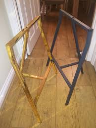 Ikea Hack Lerberg Trestle Legs Covered In Dc Fix Adhesive Vinyl To Give A Polished Gold Effect For Our Desk L Furniture Design Inspiration Ikea Hack Diy Decor