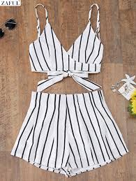Ucuz Zaful Yeni Cami Wrap Top Cizgili Sort Ile Bagli Kayma Ust Kadin Kirpma Yaz Plaj Serit Ust Yuksek Belli Kadin Kiyafetleri Ilkbahar Giysileri Moda Stilleri