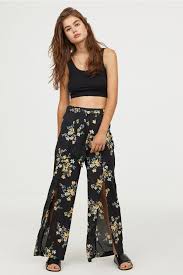 Wijde Broek Met Splitten Zwart Bloemen Dames H M Nl