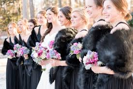 Winter Wedding Black Bridesmaids Dresses Winter Bouquets Winter Florals Black Fur Shawls Winter Fur Wraps Bride Bridal Fur Winter Bridesmaids Wedding Fur
