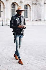 Men S Black Leather Biker Jacket Black Crew Neck T Shirt Light Blue Skinny Jeans Tobacco Suede Chelsea Boots Mens Fashion Casual High Fashion Men Mens Street Style