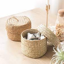 Round Seagrass Woven Small Basket With Hinged Lid Vintage Etsy Small Basket Storage Baskets With Lids Basket