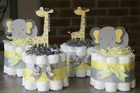 Set Of 4 Mini Yellow And Gray Elephant And Giraffe Diaper Cakes Jungle Safari Baby Shower Baby Shower Yellow Baby Shower Centerpieces Baby Shower Diaper Cake