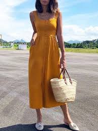 Solid Button Design Thick Strap Casual Dress Casual Dress Outfits Casual Dresses For Women Fashion