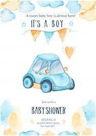 Free Vector Watercolor Its Baby Boy Shower With Cute Blue Car Auto Garland Baby Boy Shower Baby Boy Boy Shower