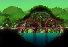 As of this latest update, terraria now officially supports texture packs, which means it's easier than ever to play around in a world that looks however you want it to. My 1 4 Jungle House I Pretty Satisfied The Pylon I Build Terraria Jungle House Terraria House Design Terraria House Ideas
