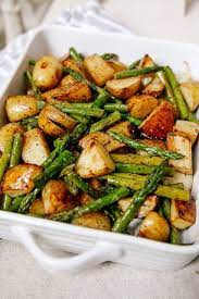 Balsamic Roasted New Potatoes With Asparagus Asparagus Recipe Healthy Recipes Veggie Dishes