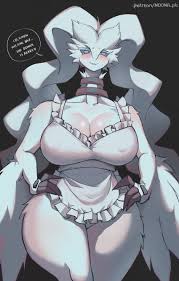 general:[anthro apron apron_only big_breasts blush breasts  clothing dialogue female fur hands_on_hips looking_at_viewer  nipple_outline solo speech_bubble text thick_thighs white_body -  Rule 34 Dev