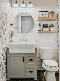 On The Blog We Re Sharing How We Added Wallpaper To Textured Walls In Our Powder Bathro Small Farmhouse Bathroom Modern Farmhouse Bathroom Small Bathroom Decor