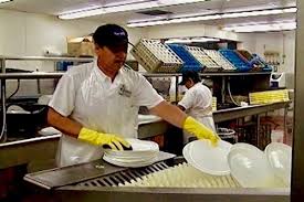 Washing dishes in restaurant close up. Dishwashing Employee Safety Training Video