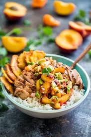 Caribbean Jerk Chicken Bowls With Peach Avocado Salsa Recipe Avocado Salsa Chicken Bowl Caribbean Jerk Chicken