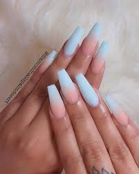 These coffin nails have a light ombre design with lots of rhinestones. Coffin Baby Blue Acrylic Nails With Design Nail And Manicure Trends