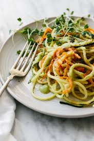 Zucchini pasta is an easy dinner recipe that can be served warm or chilled as a pasta salad for lunch. Carrot And Zucchini Pasta With Avocado Cucumber Sauce