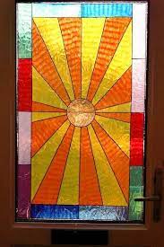 Art Deco Sunrise Panel With Rainbow Border Static Window Cling Hand Painted Art Deco Window Clings Wind Stained Glass Crafts Stained Glass Ornaments Window Art