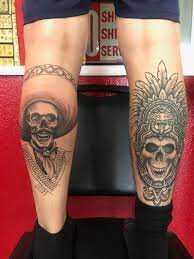 Sígueme en @lalleca.ink en instagram. Planned On Waiting Until My Left Calf Skull Was Finished But Here You Go Emiliano Zapata Skull Needs Finishing And Aztec Warrior Healed By Victor Hugo At American Dream Tattoo In Covina