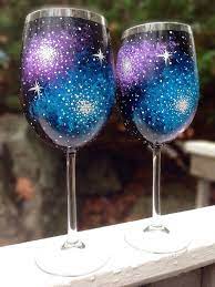 Hand Painted Galaxy Wine Glasses Set Of 2 Etsy Wine Glass Designs Glass Painting Designs Painted Wine Glass