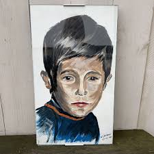 Vintage Original Portrait Painting Of A Young Boy On Board Glazed Paintings 