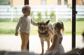 Children Boy And Girl Playing With Big Dog Coming Inside House Kids Siblings Caressing German Shepherd Standing At Door Sister Animals Dog Adoption Big Dogs