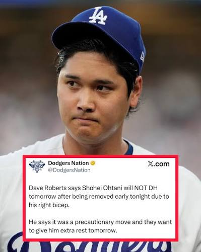 Shohei Ohtani will not DH tomorrow after feeling something in his right bicep in his last at-bat tonight. Dave Roberts says they want to give him a full day to treat it