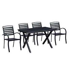 Modern Contemporary 5 Piece Black Metal Rectangular Outdoor Dining Set With Slatted Faux Wood And Stackable Chairs Hd902 720 4 Bk The Home Depot Modern Outdoor Dining Black Rectangular Dining Table Outdoor Dining Set