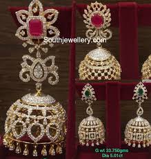 18 Carat Gold Diamond Buttalu Designs Studded With Diamonds Rubies And Emeralds Diamond Jewelry Earrings Gold Wedding Jewelry Indian Jewellery Design Earrings