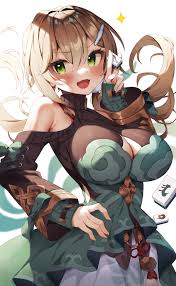 yuk (pakyaru), qingque (honkai: star rail), honkai: star rail, honkai  (series), absurdres, highres, 1girl, alternate breast size, armor, bare  shoulders, breasts, brown hair, cleavage, green eyes, hair between eyes,  hair ornament, large