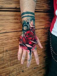 Black And Red Rose Watercolor Style Rose Hand Tattoo Hand Tattoos Tattoos