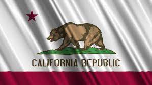 State flag consisting of a white field (background) with a grizzly bear above the words california republic and a red stripe; Shutterstock