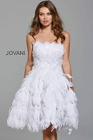Jovani Dress 61859 Fit And Flare Knee Length Strapless Feather Cocktail Dress Feather Cocktail Dress Feather Dress Short White Cocktail Dress