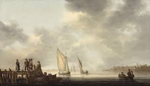 In the foreground a dignitary dressed in a black jacket with an orange sash has just arrived at a large sailing ship. A Pier Overlooking Dordrecht Wikidata