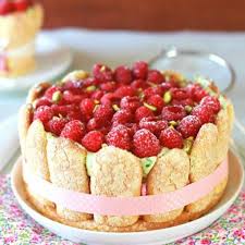 Rasberry Pistachio Charlotte Cake Raspberry And Pistachio Charlotte Mousse Cake In French Fruity Recipes Fruity Recipes Dessert Recipes Mousse Cake