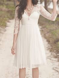 3 4 Sleeves Lace Chiffon Knee Length Wedding Dress By Yukigown 199 00 Rehearsal Dress Short Lace Wedding Dress