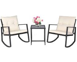 Suncrown Outdoor 3 Piece Rocking Bistro Set Black Wicker Furniture Two Chairs With Glass Coffee Table Bei Wicker Sofa Outdoor Wicker Furniture Beige Cushions