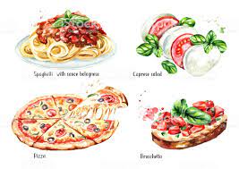 Italiaans Eten Set Pizza Spaghetti Met Saus Bolognese Caprese Salade Bruschetta Aquarel Hand Getekende Illustratie Geisoleerd Op Caprese Foodie Bruschetta