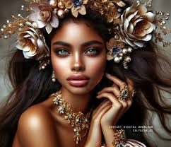 Beautiful Women Flower Crown AI Generated Art Print Printable Poster Image  Stock Photo Jpg Black Mixed Race White Digital Download