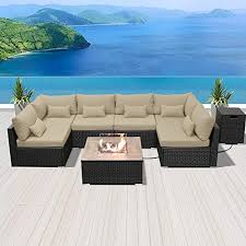 Patiofestival patio furniture conversation set outdoor patio conversation sectional sets metal frame rocking chair loveseat with cushions, coffee table for pool backyard lawn (5pcs, khaki). Modenzi Outdoor Sectional Patio Furniture With Propane Fire Pit Table Espresso Brown Wicker Resin Garden Conversation Sofa Set G7 Sofa Square Fire Pit Light Beige Buy Online In Antigua And Barbuda At
