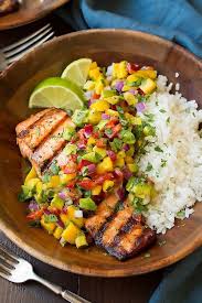 Grilled Lime Salmon With Avocado Mango Salsa And Coconut Rice Cooking Classy Healthy Summer Dinner Recipes Summer Recipes Dinner Salmon Dishes