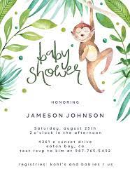Hanging Monkey Baby Shower Invitation Template Free Greetings Island Monkey Baby Shower Invitations Monkey Baby Shower Safari Baby Shower Invitations
