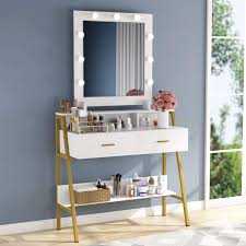 5 drawers and a removable organizer can provide ample storage space for your cosmetics, jewelry, nail polish and other beauty products. Tribesigns Vanity Table With Lighted Mirror Makeup Vanity Dressing Table With 9 Lights 2 Drawers And Storage Shelves For Women And Girls Dresser Desk Vanity Set For Bedroom Gold And White