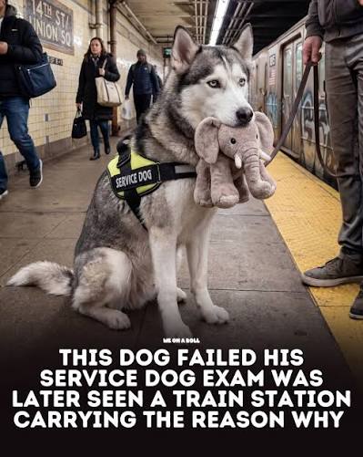 This dog failed his service dog exam and was later spotted at a train station carrying the exact reason why. 🐕😂🧸 The husky, seen wearing a service dog vest, was photographed at