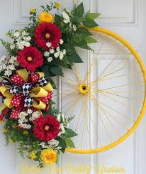 Up Cycled Bicycle Rim Bicycle Rim Wreath Painted Bicycle Rim Summer Wreath Diy Spring Wreaths For Front Door Diy Diy Spring Wreath