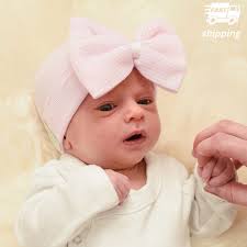 Pink Striped Bow Hospital Hat: Newborn Girl Beanie, USA Made