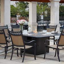 Fire pit set patio furniture. Mountain View 9 Piece Cast Aluminum Sling Patio Fire Pit Dining Set W 64 Inch Square Table By Darlee Bbqguys