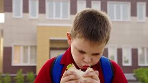 hungry student boy eating sandwich on ...