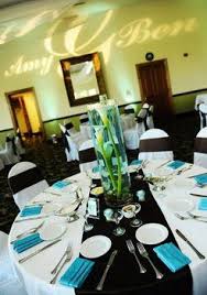 Turquoise wallpaper with a texture is a trendy and edgy way to spruce up your bathroom. Wedding Blue Photo By Klk Photography Project Wedding White Table Cloth White Chair Covers