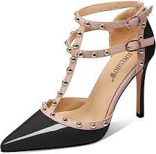 Amazon.com | Jimishow Black Studded Heels for Women T-Strap Stud Sandals  Pointy Closed Toe Rivets Heels Pumps 4'' Stiletto Heel Wedding Dress Shoes  US Size 5-13 | Heeled Sandals