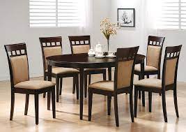 Rectangular tables work if your dining room is on the long and narrow side. Cappuccino Oval Dining Table W 6 Cushion Back Side Chairs Big Box Furniture Discount Furniture Stores In Miami Florida