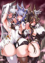 asanagi, galleon (granblue fantasy), korwa, tikoh, granblue fantasy, black  legwear, white legwear, highres, 3girls, animal ears, armpits, arms behind  head, arms up, ass, ass-to-ass, back-to-back, backless outfit, bare  shoulders, blue hair, blunt