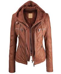 Women S Brown Hooded Faux Leather Jacket Clothes Jackets Hooded Faux