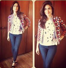 New Pic Kareena Kapoor In Jbrand Jeans Zara Top Payal Pratap Jacket Gucci Shoes For Singhamreturns Promotions Veooz Bollywood Fashion Fashion Zara Tops